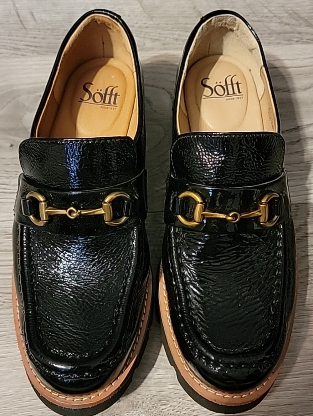 Sofft Black Patent Leather Bit Loafers with Gold Hardware